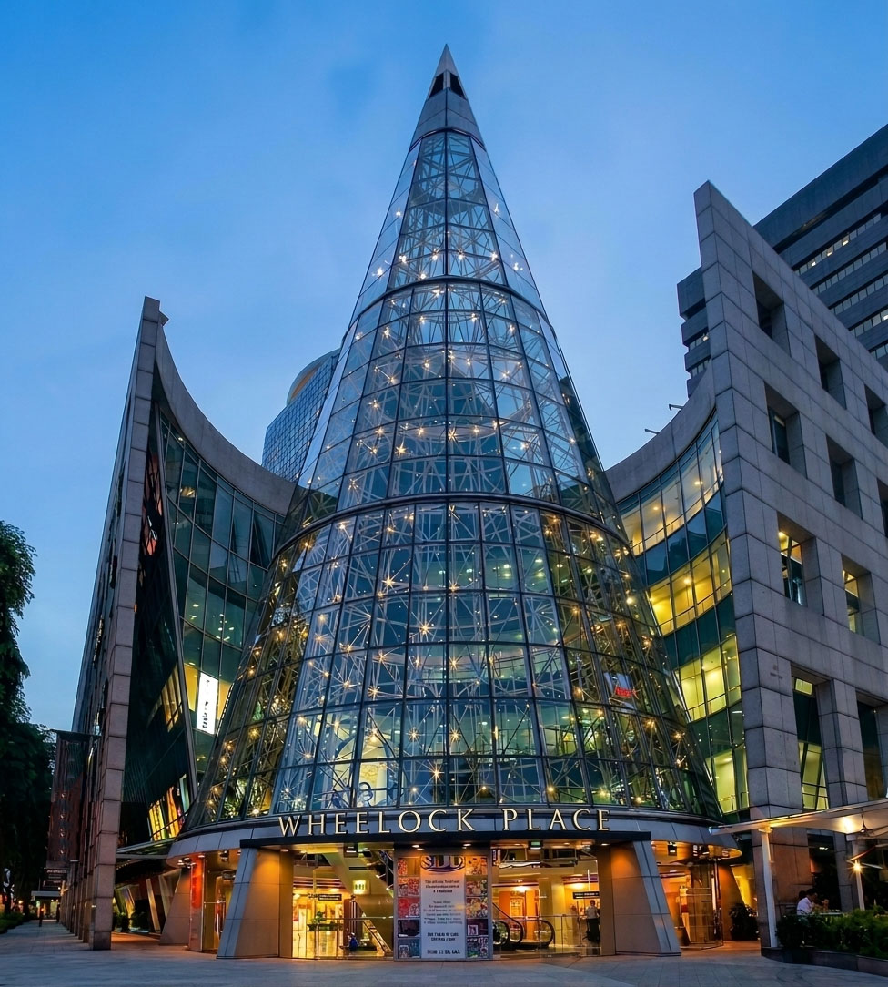 Wheelock Place exterior on Orchard Road, Singapore, with its glass cone entrance
